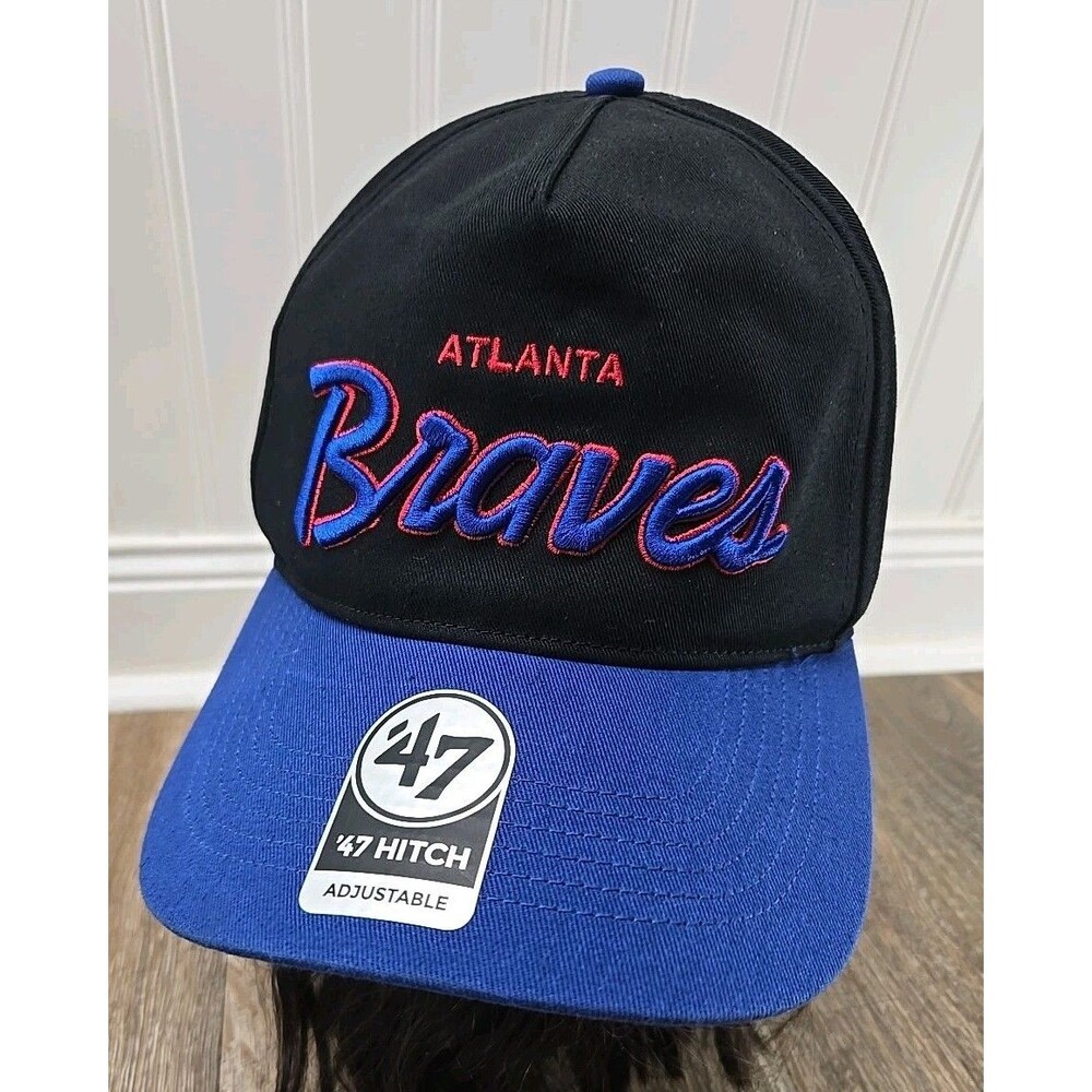 NEW - Atlanta Braves Cooperstown Script Hat '47 MLB Black Blue Snapback Cap